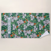 かわいいコアラ柄のハンターパーソナライズされたグリーン ビーチタオル (正面)