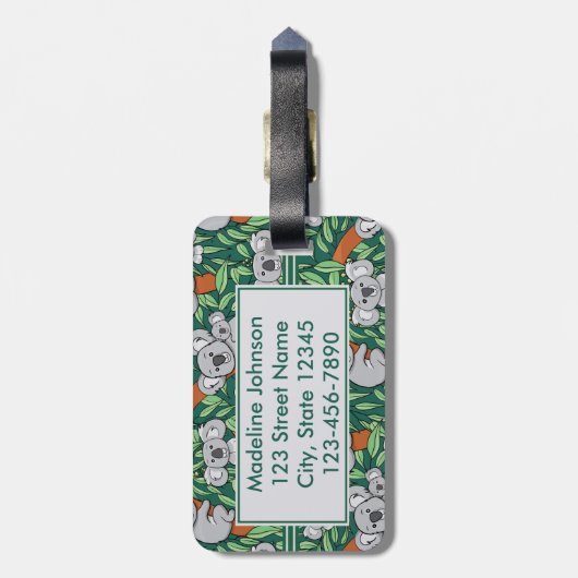 かわいいコアラ模様パーソナライズされた濃い緑 ラゲッジタグ (裏面縦)