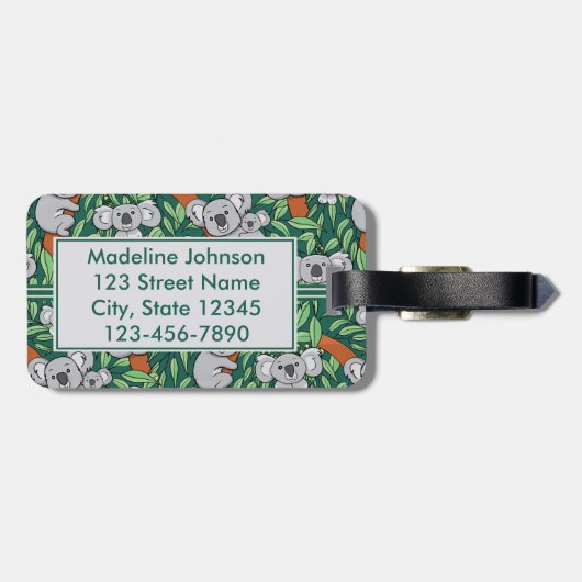 かわいいコアラ模様パーソナライズされた濃い緑 ラゲッジタグ (裏面横)