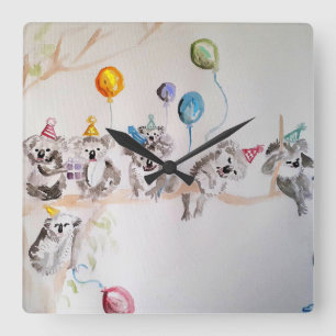 かわいいコアラ水彩絵画のアートウォール時計 スクエア壁時計