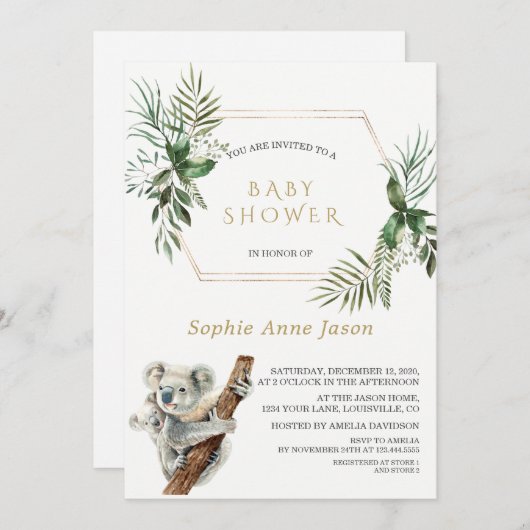 かわいいコアラ水彩緑の金ゴールド赤ちゃんシャワー 招待状 (正面/裏面)