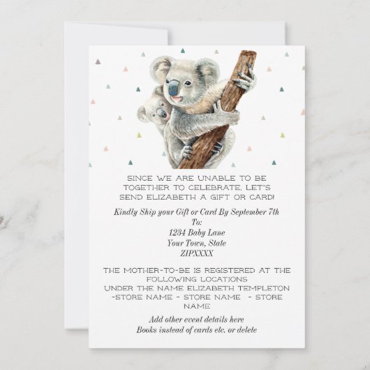 かわいいコアラ熊の赤ちゃんシャワーbyメール 招待状 (裏面)