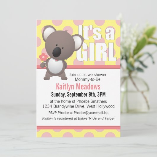 かわいいコアラ熊水玉模様赤ちゃんシャワー 招待状 (スタンド正面)