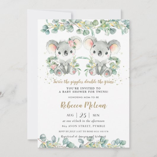 かわいいコアラ緑の双子の男の子の子の赤ちゃんシャワー 招待状 (正面)