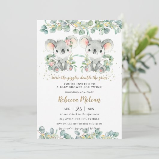 かわいいコアラ緑の双子の男の子の子の赤ちゃんシャワー 招待状 (スタンド正面)