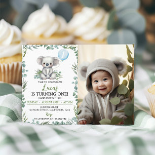 かわいいコアラ緑の誕生日写真招待状 サンキューカード