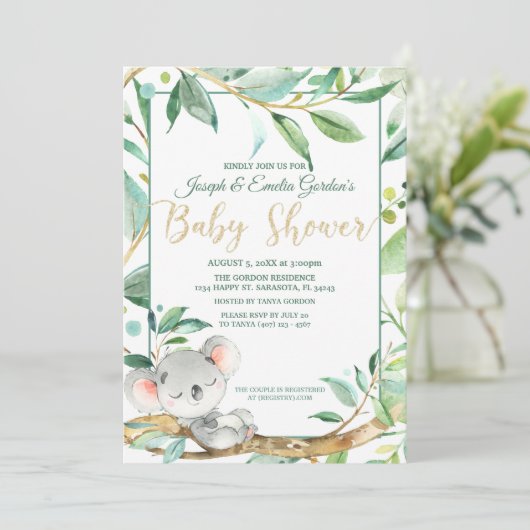 かわいいコアラ緑男女兼用赤ちゃんシャワー 招待状 (スタンド正面)