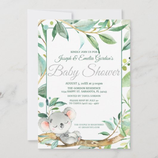 かわいいコアラ緑男女兼用赤ちゃんシャワー 招待状 (正面)