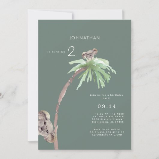 かわいいコアラ・セージ誕生日パーティーの招待状 招待状 (正面)