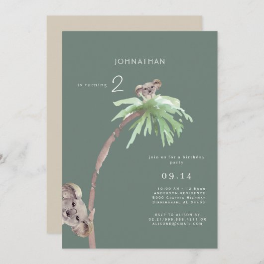 かわいいコアラ・セージ誕生日パーティーの招待状 招待状 (正面/裏面)