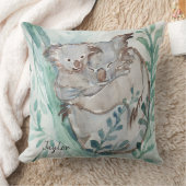 かわいいコアラ&ベビー水彩追加ネームティール（緑がかった色）子供部屋 クッション (ブランケット)