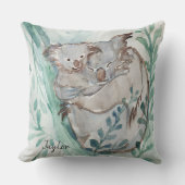 かわいいコアラ&ベビー水彩追加ネームティール（緑がかった色）子供部屋 クッション (正面)