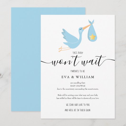 かわいいコウテイペンギンのベビーシャワーお祝い延期中止カード 招待状 (正面/裏面)