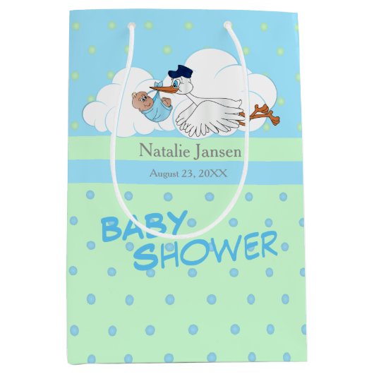 かわいいコウノトリと男の赤ちゃん ミディアムペーパーバッグ (正面)