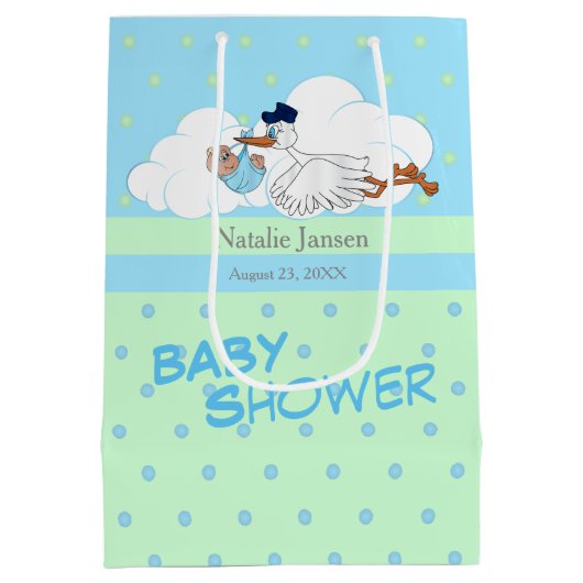 かわいいコウノトリと男の赤ちゃん ミディアムペーパーバッグ (裏面)