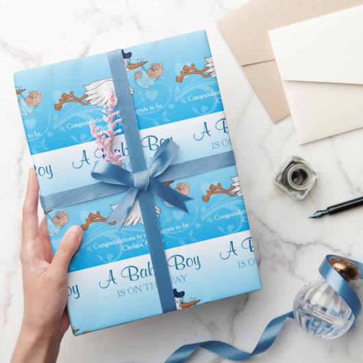 かわいいコウノトリと男の赤ちゃん ラッピングペーパー (ギフト)