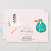 かわいいコウノトリティール（緑がかった色）バッグイラストレーションベビーシャワー 招待状 (正面)