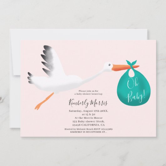 かわいいコウノトリティール(緑がかった色)バッグイラストレーションベビーシャワー 招待状 (正面)