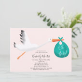 かわいいコウノトリティール（緑がかった色）バッグイラストレーションベビーシャワー 招待状 (スタンド正面)