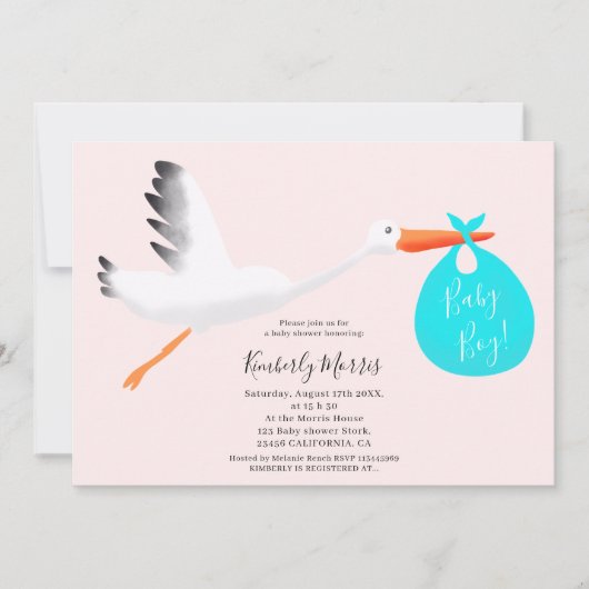 かわいいコウノトリバッグイラストレーション男の赤ちゃんシャワー 招待状 (正面)