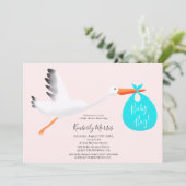 かわいいコウノトリバッグイラストレーション男の赤ちゃんシャワー 招待状 (スタンド正面)