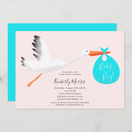 かわいいコウノトリバッグイラストレーション男の赤ちゃんシャワー 招待状 (正面/裏面)