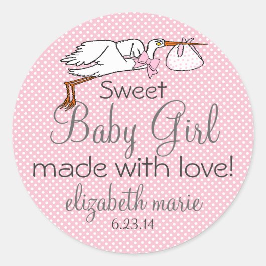 かわいいコウノトリピンク赤ちゃんシャワーゲストのお願い ラウンドシール (正面)