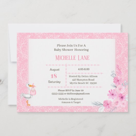 かわいいコウノトリ女の子ピンク赤ちゃんシャワー招待状 招待状 (裏面)