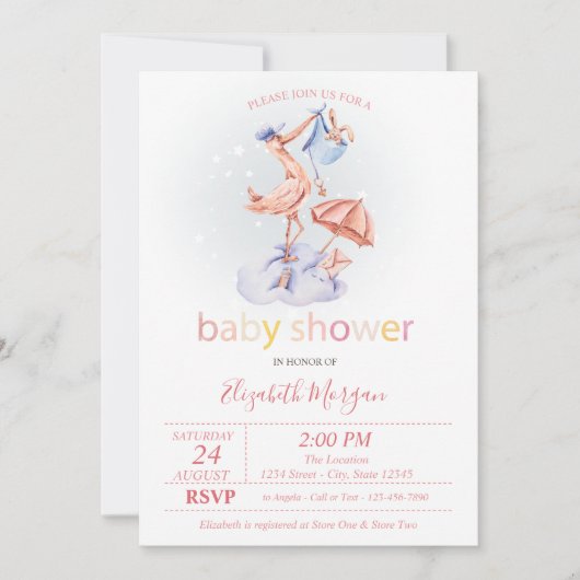 かわいいコウノトリ点々のあるの赤ちゃんシャワー 招待状 (正面)