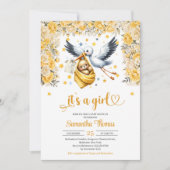 かわいいコウノトリ&ベビー黄色の花の女の子ベビーシャワー 招待状 (正面)