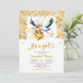 かわいいコウノトリ&ベビー黄色の花の女の子ベビーシャワー 招待状 (スタンド正面)