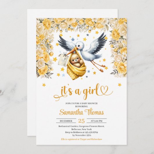 かわいいコウノトリ&ベビー黄色の花の女の子ベビーシャワー 招待状 (正面/裏面)