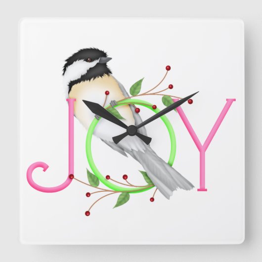 かわいいコガラの"Joy" スクエア壁時計 (正面)