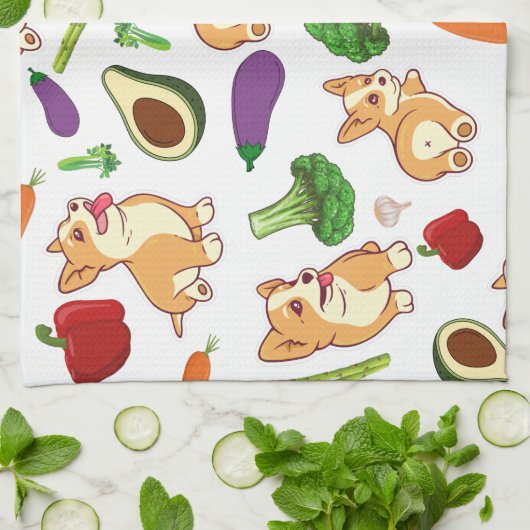 かわいいコギと野菜の具材 キッチンタオル (折り畳み)