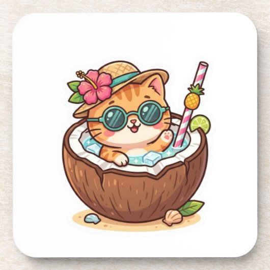 かわいいココナッツキャットサングラスサマーステッカー コースター (正面)