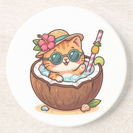 かわいいココナッツキャットサングラスサマーステッカー コースター (正面)