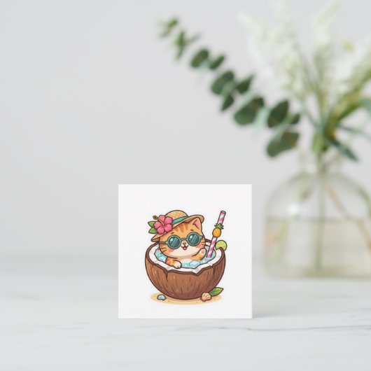 かわいいココナッツキャットサングラスサマーステッカー スクエア名刺 (スタンド正面)