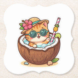 かわいいココナッツキャットサングラスサマーステッカー ペーパーコースター