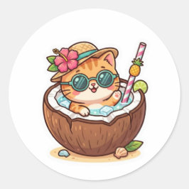 かわいいココナッツキャットサングラスサマーステッカー ラウンドシール
