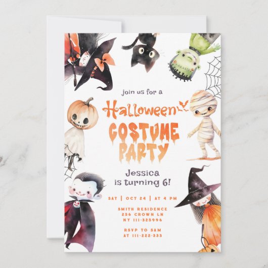 かわいいコスチュームパーティーハロウィーン子供の誕生日 招待状 (正面)