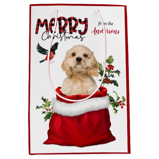 かわいいコッカースパニエル犬子犬のクリスマス ミディアムペーパーバッグ (正面)