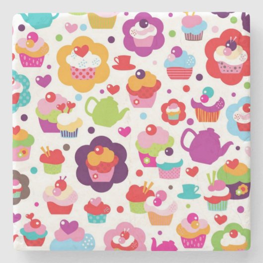 かわいいコップのケーキおよび茶ポット ストーンコースター (正面)