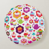 かわいいコップのケーキおよび茶ポット ラウンドクッション (裏面)