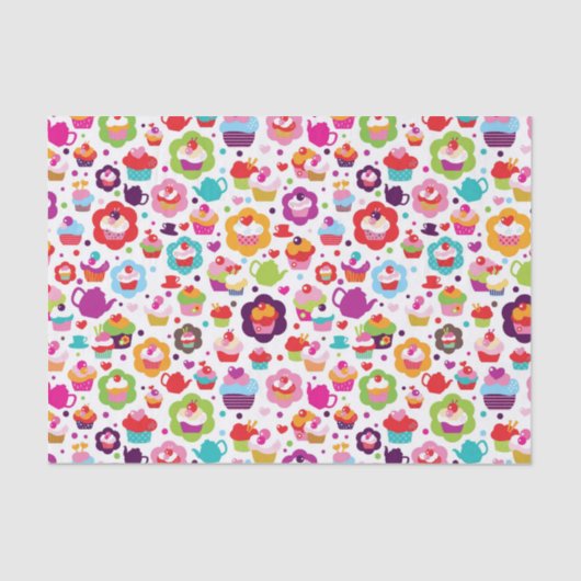 かわいいコップのケーキおよび茶ポット 薄葉紙 (正面)