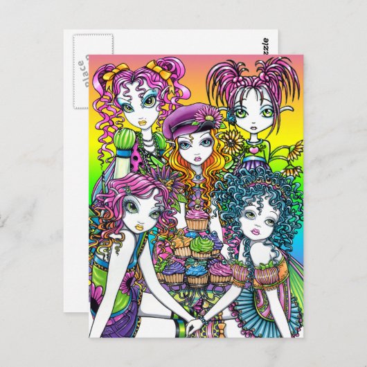 かわいいコップのケーキの虹の妖精のパーティーの郵便はがき ポストカード (正面/裏面)