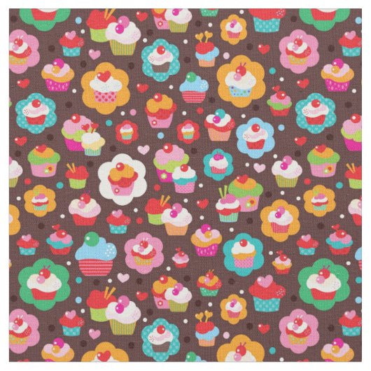 かわいいコップのケーキパターン ファブリック (クローズアップ)