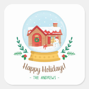 かわいいコテージの雪だるま クリスマス スノーグローブ ステッカー