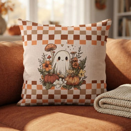 かわいいコテージコアの幽霊の秋のハロウィンチェッカーボード クッション