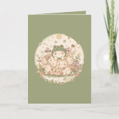 かわいいコテージコアキャットパイルとカエル帽子グリーティング カード (正面)