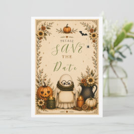かわいいコテージコアハロウィンのSave the Dateカード